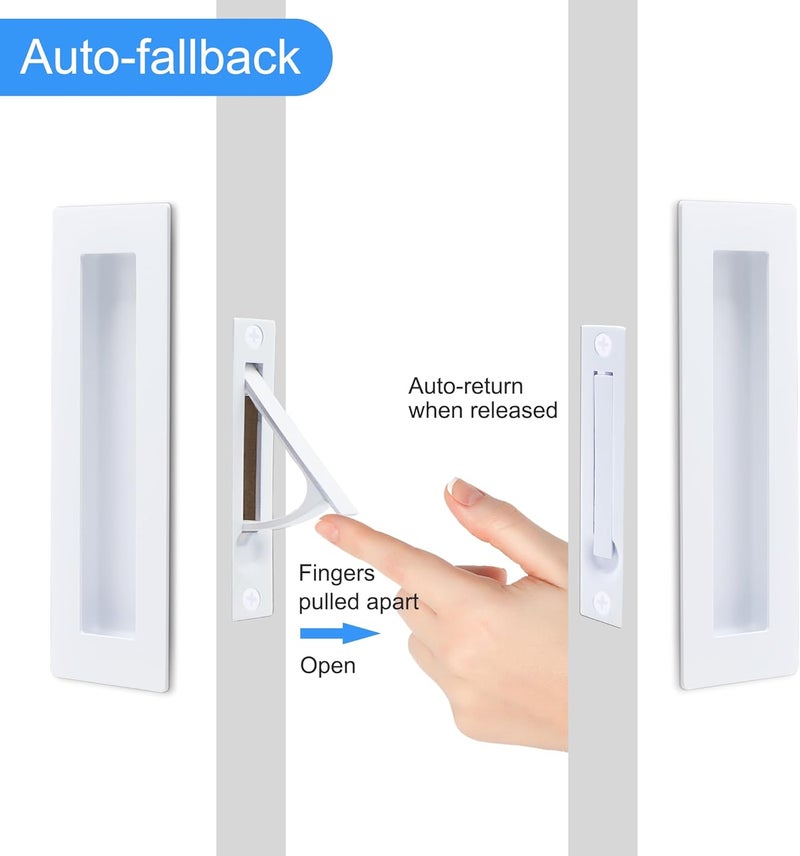 Dontay Pocket Door Pull Handle, 304 Stainless Steel, Rectangle Recessed Flush Finger Pulls & Edge Spring Pull, No Lock,Hardware Set for More Than 1-1/8” Thickness Sliding Door (1 Set,White,6'') - Image 3